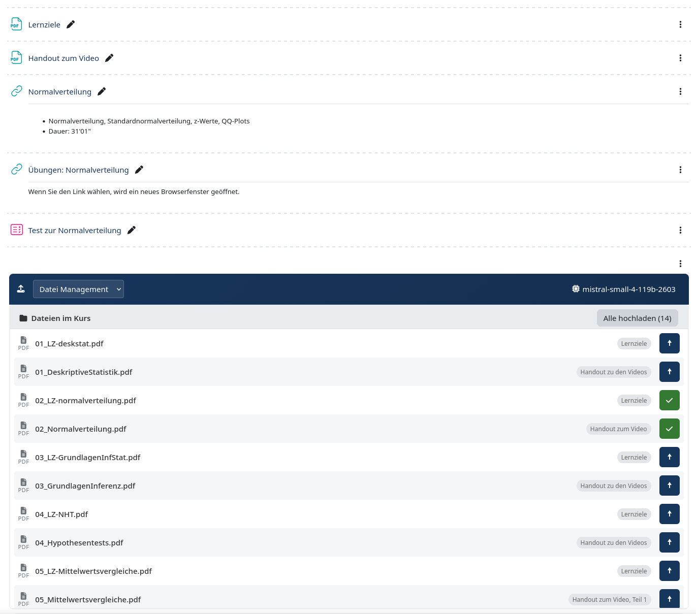 Screenshot des Moodle Plugins, der die Dokumentenauswahl für den Chatbot zeigt.