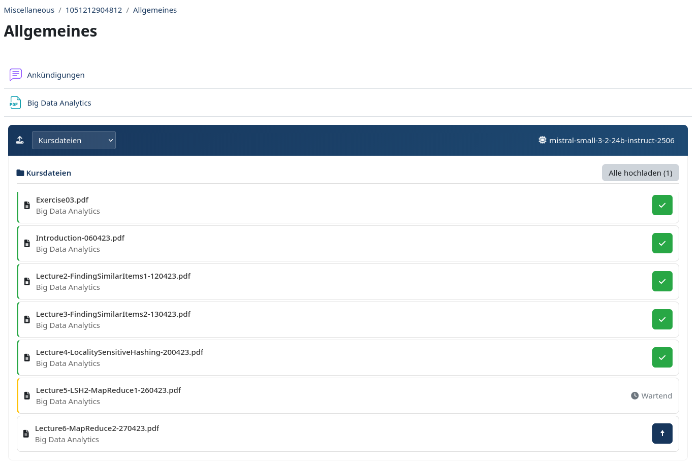 Screenshot des Moodle Plugins, der die Dokumentenauswahl für den Chatbot zeigt.
